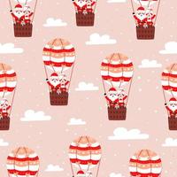 Seamless christmas pattern with santa claus and his wife flying on air ballon on pink background for wrapping paper or textile print, winter wallpaper for kids vector