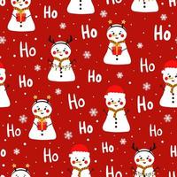 Seamless christmas pattern with cute snowman in diferent poses and ho ho lettering on red background for wrapping paper or textile print, vector