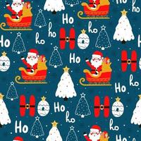 Seamless christmas pattern with cute santa claus and ho ho lettering on blue background for wrapping paper vector