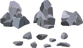 colección de piedras de varias formas y arbustos. guijarros costeros, adoquines, grava, minerales y formaciones geológicas. fragmentos de roca, cantos rodados y material de construcción. vector