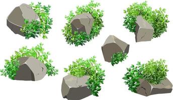 Collection of stones of various shapes and plants.Coastal pebbles,cobblestones,gravel,minerals and geological formations.Rock fragments,boulders and building material.Vector illustration .