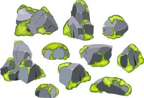 Collection of stones of various shapes  with green moss.Coastal pebbles,cobblestones,gravel,minerals and geological formations  with green lichen.Rock fragments,boulders and building material. vector