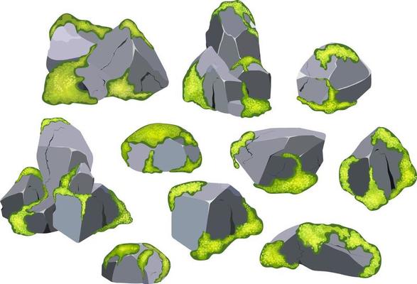 Collection of stones of various shapes  with green moss.Coastal pebbles,cobblestones,gravel,minerals and geological formations  with green lichen.Rock fragments,boulders and building material.