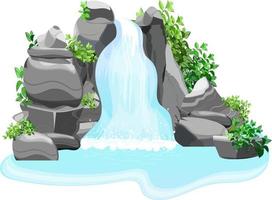 conjunto de paisajes tropicales naturales con una cascada que fluye entre rocas y piedras. una corriente de agua desemboca en un lago azul cubierto de arbustos y árboles silvestres. vector