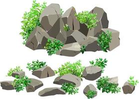 Collection of stones of various shapes and plants.Coastal pebbles,cobblestones,gravel,minerals and geological formations.Rock fragments,boulders and building material.Vector illustration .