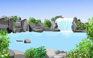 Set of natural tropical landscape with a waterfall flowing between rocks and stones. A water stream flows into a blue lake overgrown with wild bushes and trees. vector
