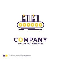 Company Name Logo Design For Belt. box. conveyor. factory. line. Purple and yellow Brand Name Design with place for Tagline. Creative Logo template for Small and Large Business. vector