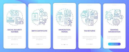 pantalla de la aplicación móvil de incorporación de degradado azul de la aplicación del programa social. tutorial 5 pasos páginas de instrucciones gráficas con conceptos lineales. interfaz de usuario, ux, plantilla de interfaz gráfica de usuario. vector