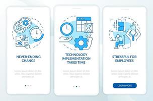 Digital transformation cons blue onboarding mobile app screen. Walkthrough 3 steps graphic instructions pages with linear concepts. UI, UX, GUI template. vector