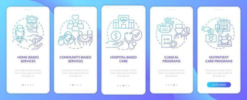 Medical care services blue gradient onboarding mobile app screen. Walkthrough 5 steps graphic instructions pages with linear concepts. UI, UX, GUI template. vector