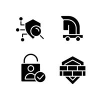 Online security measures black glyph icons set on white space. Security scanning. Firewall. Trojan horse virus. Silhouette symbols. Solid pictogram pack. Vector isolated illustration