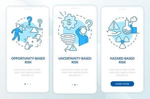 Risks types blue onboarding mobile app screen. Problems analysing walkthrough 3 steps graphic instructions pages with linear concepts. UI, UX, GUI template. vector