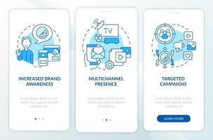 pantalla de aplicación móvil de incorporación de profesionales de transformación digital azul. tutorial 3 pasos páginas de instrucciones gráficas con conceptos lineales. interfaz de usuario, ux, plantilla de interfaz gráfica de usuario. vector