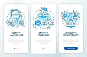 Cybersecurity risk management blue onboarding mobile app screen. Safety walkthrough 3 steps graphic instructions pages with linear concepts. UI, UX, GUI template. vector