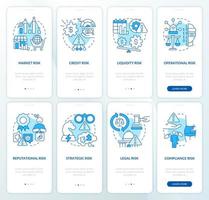 Risk categories blue onboarding mobile app screen set. Crisis management walkthrough 4 steps graphic instructions pages with linear concepts. UI, UX, GUI template. vector