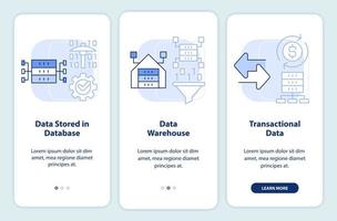 Types of data that can be mined light blue onboarding mobile app screen. Walkthrough 3 steps graphic instructions pages with linear concepts. UI, UX, GUI template. vector