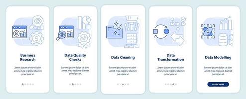 Data mining process light blue onboarding mobile app screen. Computing walkthrough 5 steps graphic instructions pages with linear concepts. UI, UX, GUI template. vector
