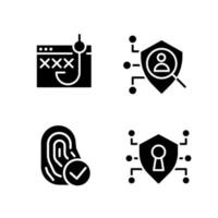 Data security and protection black glyph icons set on white space. Biometrics technology. Access control. Online safety. Silhouette symbols. Solid pictogram pack. Vector isolated illustration