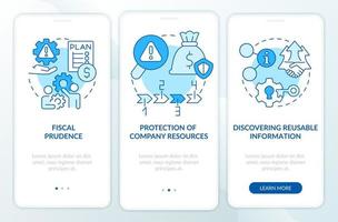 Risk management benefits blue onboarding mobile app screen. Strategy walkthrough 3 steps graphic instructions pages with linear concepts. UI, UX, GUI template. vector