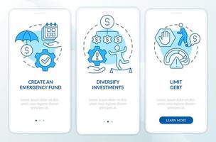 Additional steps to risk management blue onboarding mobile app screen. Walkthrough 3 steps graphic instructions pages with linear concepts. UI, UX, GUI template. vector