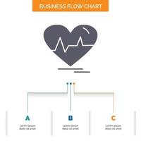 ecg. heart. heartbeat. pulse. beat Business Flow Chart Design with 3 Steps. Glyph Icon For Presentation Background Template Place for text. vector