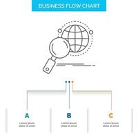 global. globo. lupa investigar. diseño de diagrama de flujo de negocios mundiales con 3 pasos. icono de línea para el lugar de plantilla de fondo de presentación para texto vector