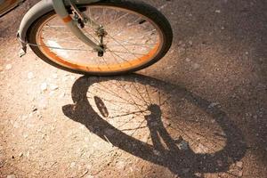 Bicycle wheel rides along an asphalt road and casts shadow, on sunny summer day photo