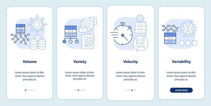 Characteristics of big data light blue onboarding mobile app screen. Walkthrough 4 steps graphic instructions pages with linear concepts. UI, UX, GUI template. vector