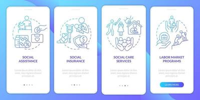 Social protection blue gradient onboarding mobile app screen. Walkthrough 4 steps graphic instructions pages with linear concepts. UI, UX, GUI template. vector