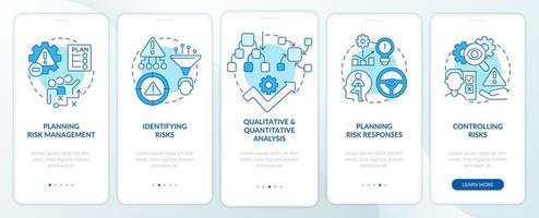 Risk management process blue onboarding mobile app screen. Business walkthrough 5 steps graphic instructions pages with linear concepts. UI, UX, GUI template. vector