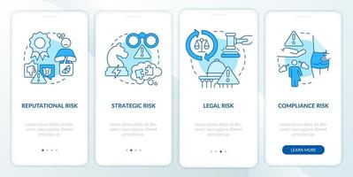 Risk categorizations blue onboarding mobile app screen. Potential issues walkthrough 4 steps graphic instructions pages with linear concepts. UI, UX, GUI template. vector