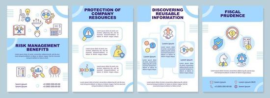 Risk management benefits blue brochure template. Safety strategy. Leaflet design with linear icons. 4 vector layouts for presentation, annual reports.