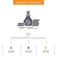 Accumulation. bag. investment. loan. money Business Flow Chart Design with 3 Steps. Glyph Icon For Presentation Background Template Place for text. vector