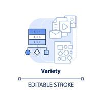 Variety light blue concept icon. Big data characteristic abstract idea thin line illustration. Source of unstructured data. Isolated outline drawing. Editable stroke. vector