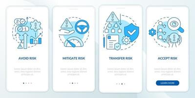 Risk management steps blue onboarding mobile app screen. Solving problems walkthrough 4 steps graphic instructions pages with linear concepts. UI, UX, GUI template. vector