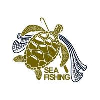 Sea fishing vector icon of turtle and fishing net