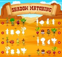 Shadow matching game with cartoon veggies sheriff vector