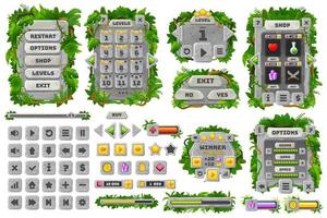 Jungle stones game interface, cartoon GUI elements vector