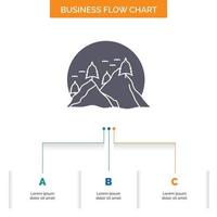 hill. landscape. nature. mountain. sun Business Flow Chart Design with 3 Steps. Glyph Icon For Presentation Background Template Place for text. vector