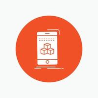 box. 3d. cube. smartphone. product White Glyph Icon in Circle. Vector Button illustration