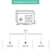 expediente. objeto. Procesando. ajustes. diseño de diagrama de flujo de negocio de software con 3 pasos. icono de línea para el lugar de plantilla de fondo de presentación para texto vector