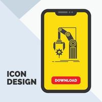 automatización. fábrica. mano. mecanismo. icono de glifo de paquete en el móvil para la página de descarga. fondo amarillo vector