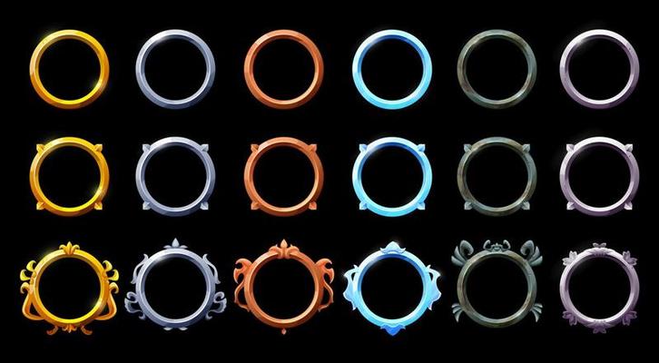 Golden, silver, bronze, rusty metal circle frames