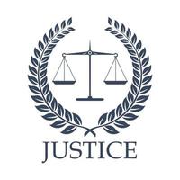 Justice scales and law vector laurel wreath icon