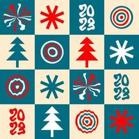 New Year 2023 seamless pattern with Christmas trees and fireworks. vector