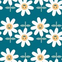 Retro daisy flowers with smiling faces seamless pattern. vector