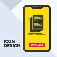 código. codificación. compilar. archivos icono de glifo de lista en el móvil para la página de descarga. fondo amarillo vector