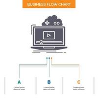 nube. juego. en línea. transmisión. diseño de diagrama de flujo de negocios de video con 3 pasos. icono de glifo para el lugar de plantilla de fondo de presentación para texto. vector