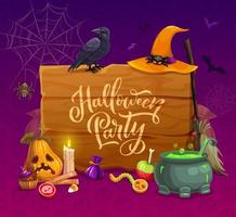 Halloween party banner with wooden sign, holiday vector