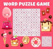 Cartoon sweets and dessert word search puzzle game vector